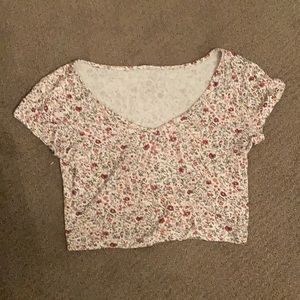 Garage v-neck white crop top with pink floral pattern
